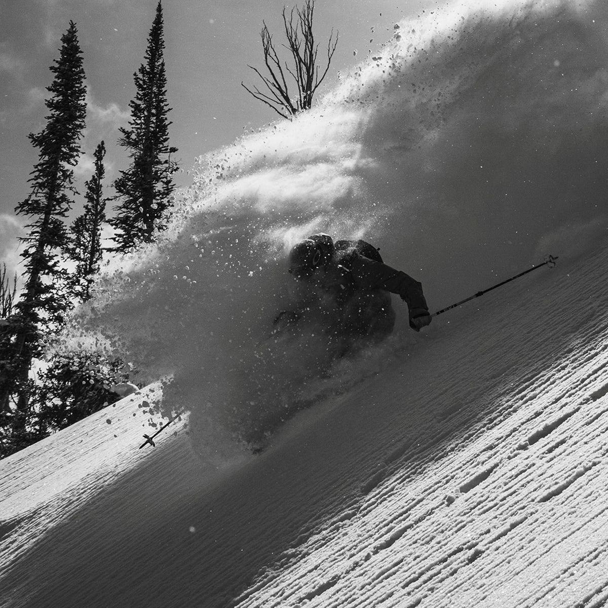 Skier wearing the Thurston High Loft™ Wool Beanie in moonscape, skiing through deep powder
